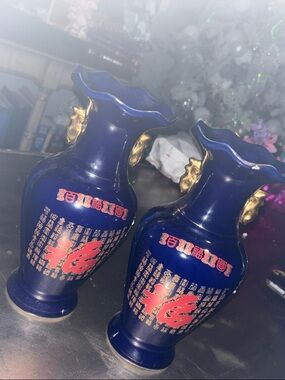 Blue and Gold Decorative Porcelain Vases with Red Chinese Character Accent